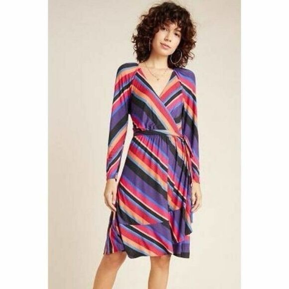 Anthropologie Maeve Angelique Vibrant Rainbow Striped Wrap Mini Dress Medium - Picture 1 of 2